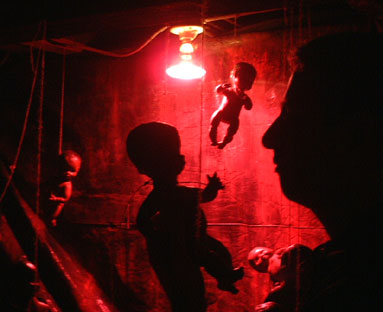 Hanging Babies 5 -  Dollhaus Gallery's "Terrible Toy Fair" party, Williamsburg, Brooklyn. March 1, 2003. www.dollhaus.com