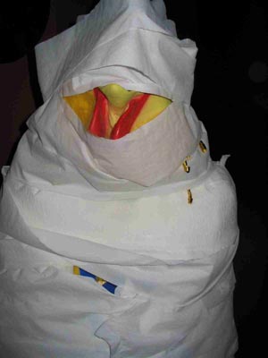 Hanukah Chicken during the toilet-paper-mummy contest