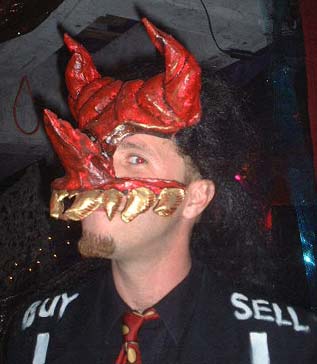 Capitalist Devil - Talented artist exhibits one of his many paper mache masks at the NYC Burning Man Decompression Party, 11-17-01.