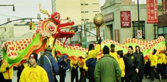 Flowing Dragon - Wild Dragon puppet and the "Hung Ga" Kung Fu school of NYC. NYC Lunar New Year Parade, Flushing Queens 2001