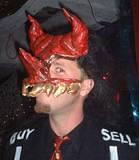 Capitalist Devil - Talented artist exhibits one of his many paper mache masks at the NYC Burning Man Decompression Party, 11-17-01.